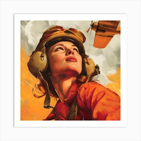 Soviet Themed Retro Woman Looking At Plane Art Print