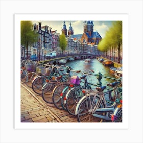 Bicycles Lined Up Along An Amsterdam Bridge In A Charming Digital Illustration, Style Digital Painting 3 Art Print