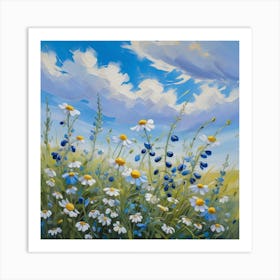Beautiful Field Meadow Flowers Chamomile Blue Wild Peas In Morning Against Blue Sky With Clouds Nature Landscape Close Up Macro Wide Format Copy Space Delightful Pastoral Airy Artistic Image 2 Art Print