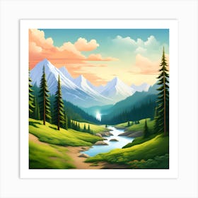 Landscape With Mountains And River Art Print