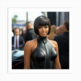 A Black Woman Voluptuous Sexy Wearing Black Latex Dress Long Bob Haircut on the Red Carpet - Created by Midjourney Art Print