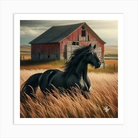 Beautiful Black Stallion In High Grass Copy Art Print