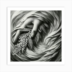 Abstract, Black And White, Nature’s Touch: Hand Among Leaves 1 Art Print