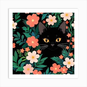 Black Cat With Flowers 5 Art Print