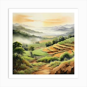 Watercolor A Serene Landscape In Rural China Bathed In The Warm Earthy Tones Art Print