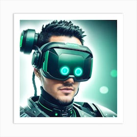Close up portrait of cyberpunk warrior of the future in green virtual reality glasses on blue digita-1 Art Print
