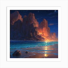 Majestic Twilight Glow Over a Tranquil Seashore With Towering Cliffs Art Print