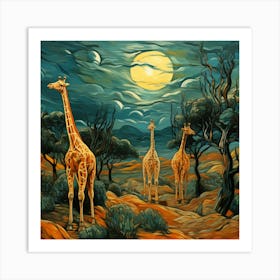 Giraffes At Night Art Print