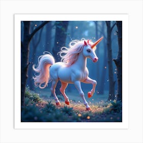 A Whimsical Unicorn With A Mane Of Flowing, Celestial Stardust Galloping Through A Twilight Forest Art Print