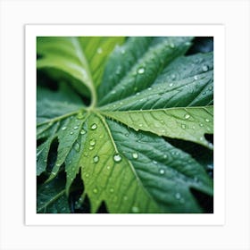 Green Leaf With Water Droplets Art Print