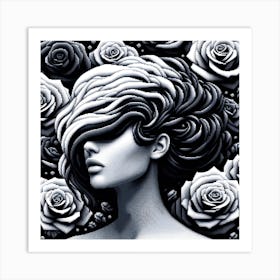 Black & White Pixel Art of Woman & Roses Art Print