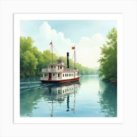 Classic Steamboat On A Watercolor Serene River 1 Art Print