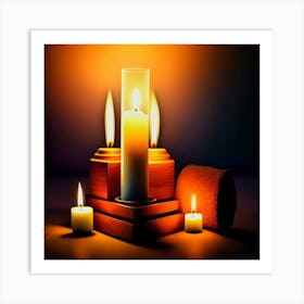 Candles and a towel are lit up in front of a candle holder, Candles On A Table Art Print