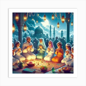 Muslim Family Praying At The Mosqueلمشاعر الروحانية في رمضان Art Print