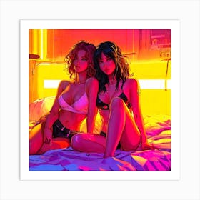 Two Girls On A Bed Art Print