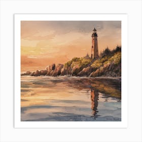 Serene Sunset A Captivating Watercolor Of A Coastal Lighthouse And Tranquil Ocean (4) Art Print