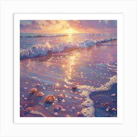 Seashells on Sparkling Sunset Beach Art Print