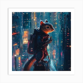 Futuristic City Ninja Squirrel Backdrop 2 Art Print