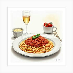 Watercolor Rendition Of Spaghetti Bolognese Served On A Classic Dinner Table Art Print