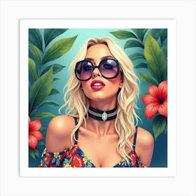 Watercolor Portrait Of Lady Gaga In A Lush, Vibrant Tropical Setting With Bright Colors 1 Art Print