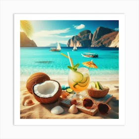 Tropical Beach With Coconut Drink Art Print