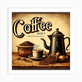 Brewed Fresh Daily Coffee Lover Wall Print Art A Rustic And Inviting Scene That Captures The Essence Of Fresh Coffee, Perfect For Adding Warmth And Charm To Any Space Art Print