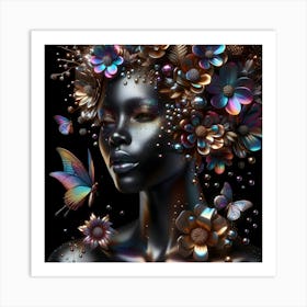 Black Woman With Flowers And Butterflies Art Print