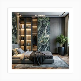 Modern Bedroom With Green Marble Wall Art Print