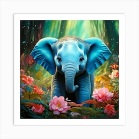 Firefly Adorable Turquoise Baby Elephant In A Magical Flowered Forest 54884 (2) Art Print