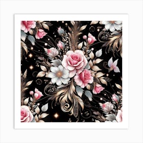 Seamless Pattern With Roses And Butterflies Art Print