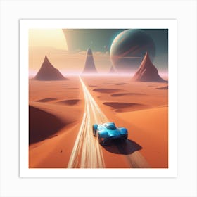 Blue Car In The Desert Art Print