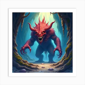 Monster In A Watercolor Cavern, Vibrant And Haunting 1 Art Print