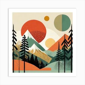 Forest And Mountains, Geometric Abstract Art Retro Art Print