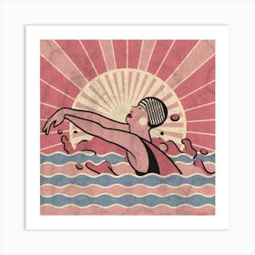 art deco style swimmer splash in pink 2 Art Print