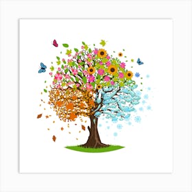 Tree With Flowers And Butterflies Art Print