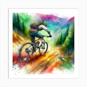 Watercolor Mountain Biker Painting Art Print