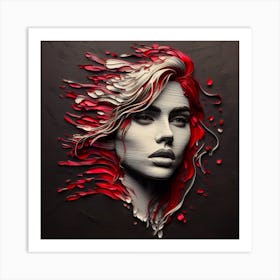 Portrait Of An Abstract Woman's Face - An Embossed Artwork In Red, and Off-White Colors, Acrylic. Art Print