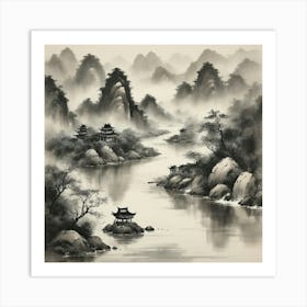 A traditional Chinese ink painting of a river, with delicate brushstrokes and a monochromatic color scheme, capturing the essence of nature and the flow of life. Art Print