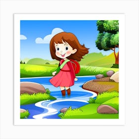 Girl Crossing The River Illustration 1 Art Print