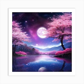 Cherry Blossoms In The Moonlight Art Print