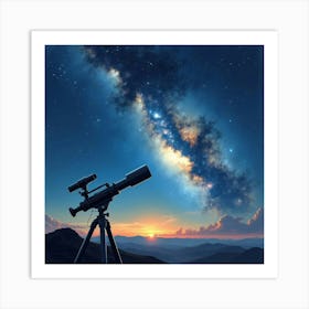 Space Telescope Observing Distant Galaxies, Watercolor Background Of Stars Art Print