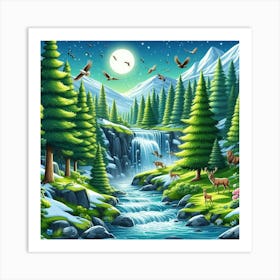 Forest Landscape At Night Art Print