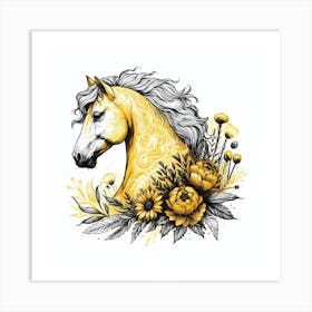 Yellow Horse With Flowers Art Print