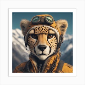 Close Up Portrait, Anthropomorphic Cheetah Mountaneer Wearing An Expedition Outfit, In The Himalayas Art Print