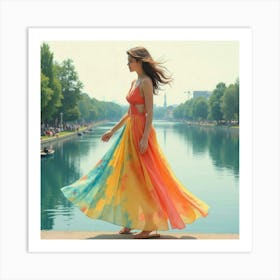 Fashionable Woman In Watercolor Dress, Peaceful River View 1 Art Print