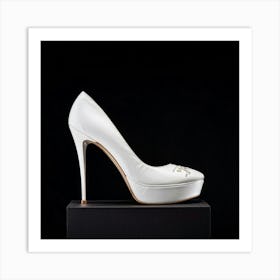 Ladies Shoe White Isolated Against A Black Background Minimalistic Design Highlighting Elegance Art Print