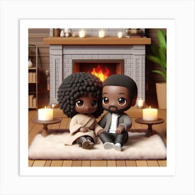 Comfy Couple Sitting In Front Of Fireplace Art Print