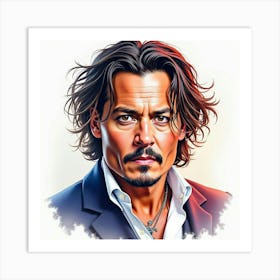 Hollywood Actor Johnny Depp In A Vibrant Watercolor Portrait, Expressive Gaze Art Print