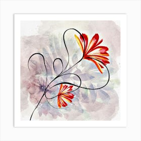 Watercolor Flowers, Line Art Drawing Art Print