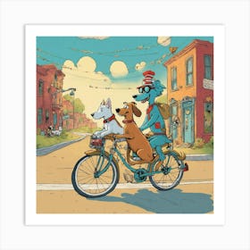 A Dog Riding A Bike And Another Dog Is On The Back (3) Art Print